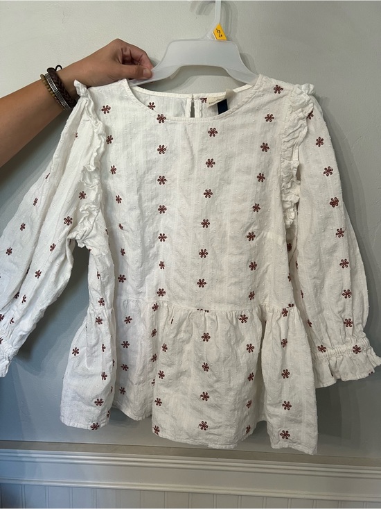 Universal Thread Tops - Universal Thread White Peplum Top with Rust Floral Embroidery